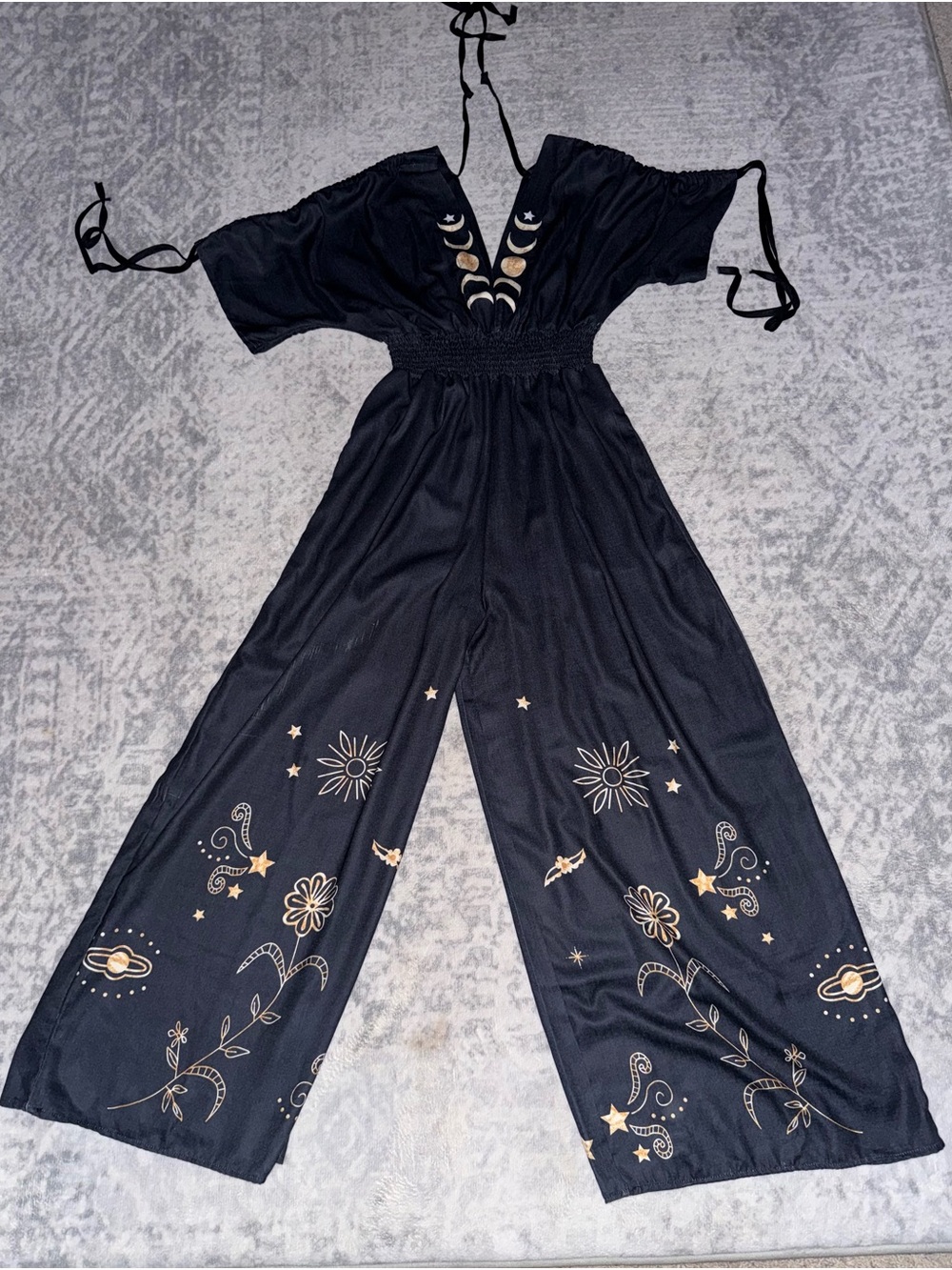 Black Wide-Leg Jumpsuit with Gold Celestial Embroidery